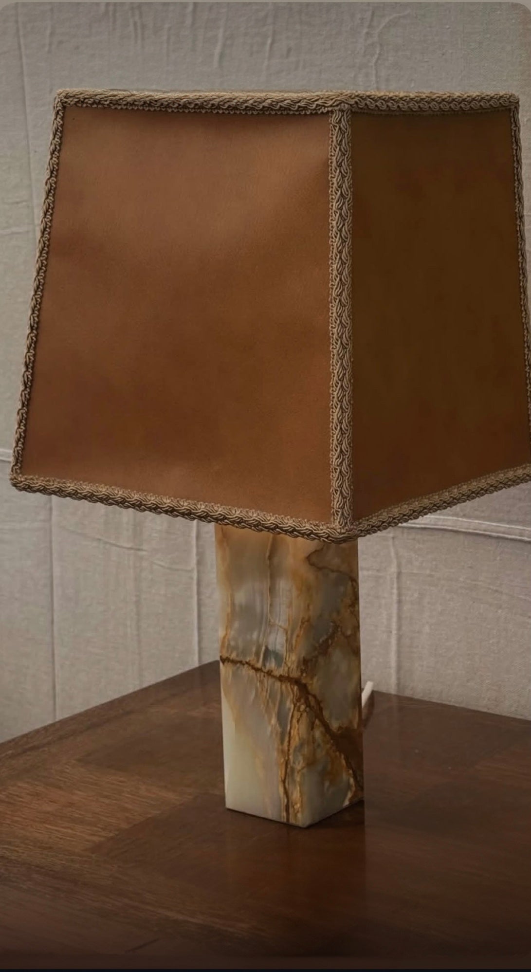 European Jade Lamps w/ Leather Shade (Pair)