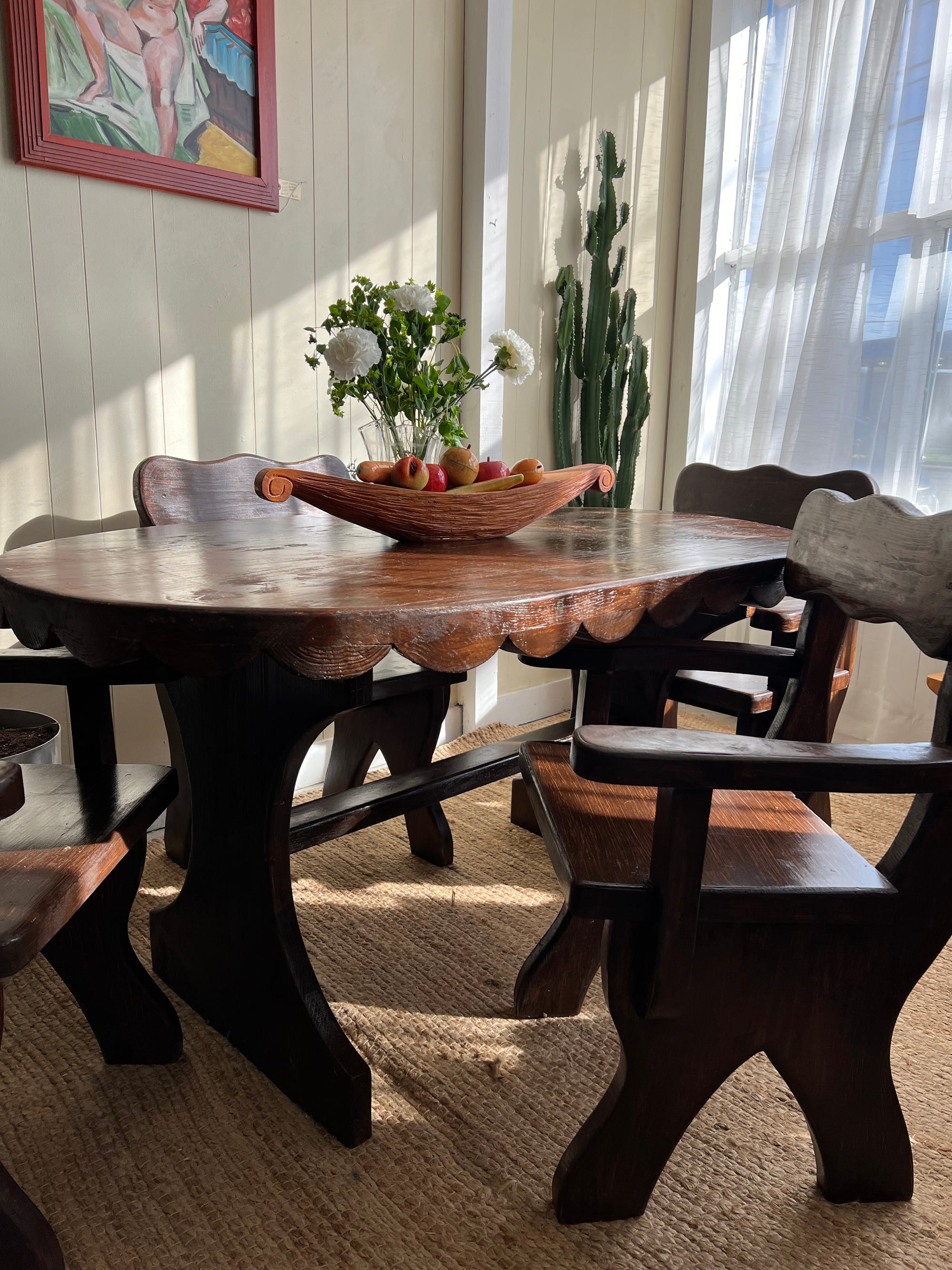 Brutalist Wooden Table and Chairs Set