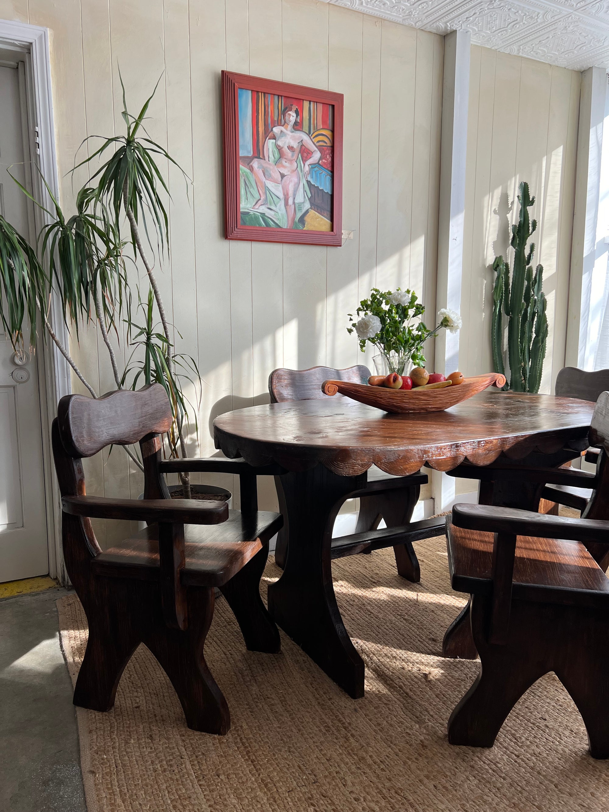 Brutalist Wooden Table and Chairs Set