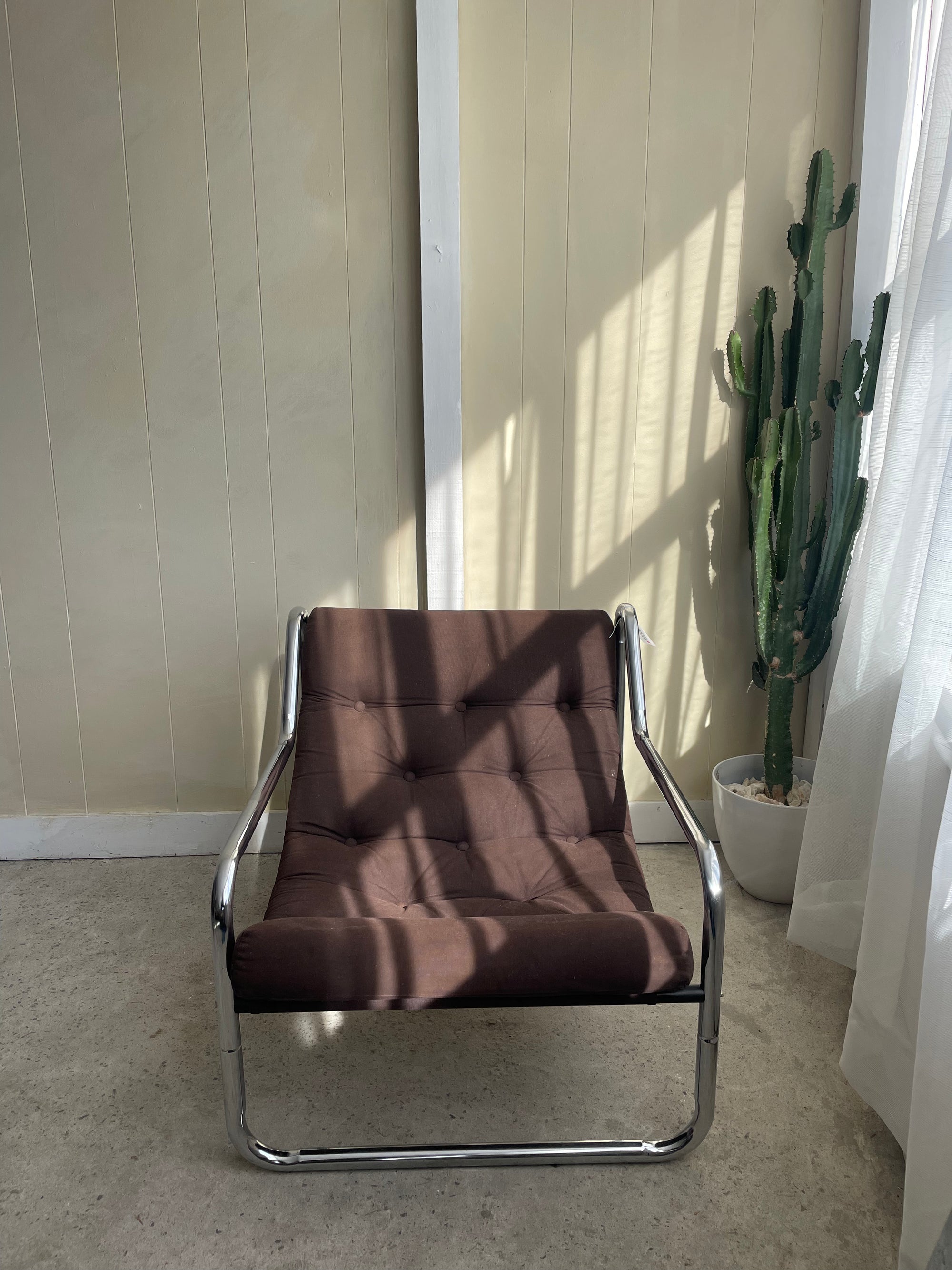 1970's Chrome Tubular Chair Chocolate Brown Upholstery