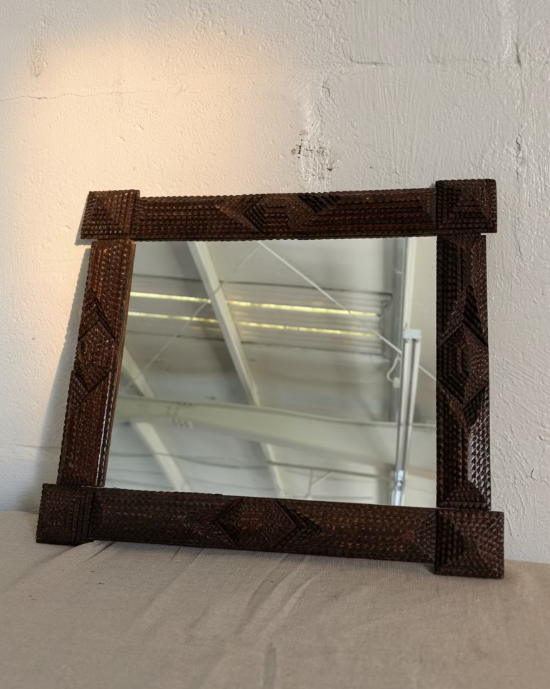 Antique Tramp Art Hand Carved Mirror