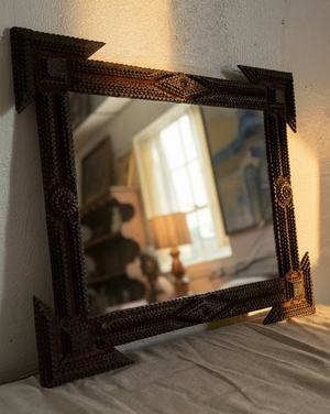 Antique Hand Carved Tramp Art Mirror