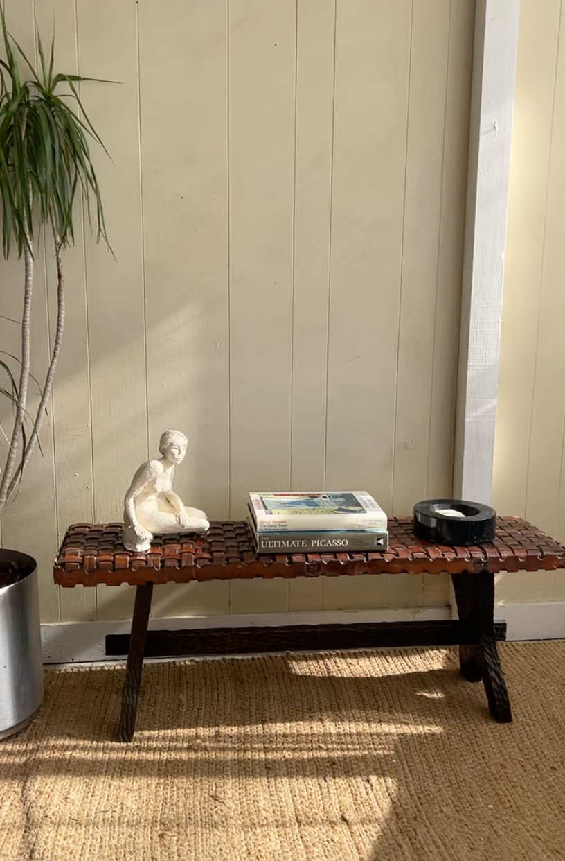 Spanish Hand Gouged Wood & Leather Bench